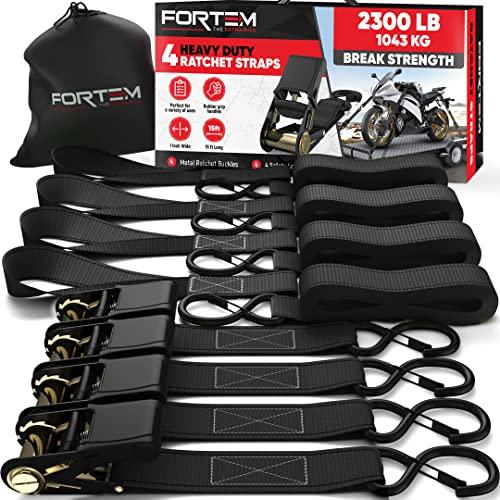 FORTEM Cinghie a Cricchetto, Resistenza fino a 1043 Kg, Set da 4 Cinghie di Fissaggio da 4,57 m, 4 Maniglie Morbide, Cinghie Fissaggio per Moto, Ganci in Metallo Rivestiti, Custodia Inclusa (Nero)