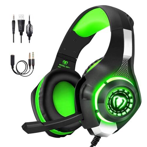 BlueFire Cuffie Gaming per Xbox one, Cuffie da Gioco con 3.5mm Jack LED e Microfono Insonorizzato,Bass Stereo Audio Surround Cuffie da Gaming per PS4/Xbox One S/PC/Laptop (verde)