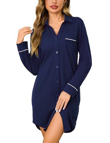 Bresdk Camicia da Notte Donna Aperta Davanti Invernale Cotone Manica Lunga Pigiama con Bottoni Loungewear Parto Ospedale Allattamento Premaman, Blu Scuro, M