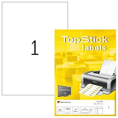 TopStick Etichette multiuso autoadesive, 1 etichetta per foglio A4, 100 fogli, 210 x 297 mm, 100 etichette, etichette universali vuote, per stampanti laser e inkjet, bianco