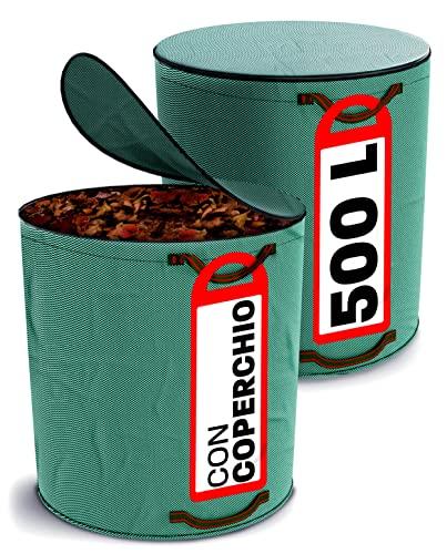 Set di sacchi da giardino con coperchio, 500 l, XXL grande, 4 manici antistrappo, stabile, pieghevole, robusto polipropilene