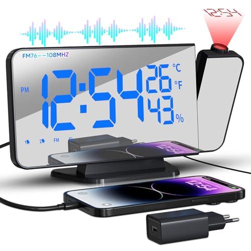 TAKRINK Sveglia con Proiettore 7,5 Pollici Radio Sveglia Digitale da Comodino con Proiettore con Rotazione di 180 ° Luminosità Regolabile con Temperatura Umidità