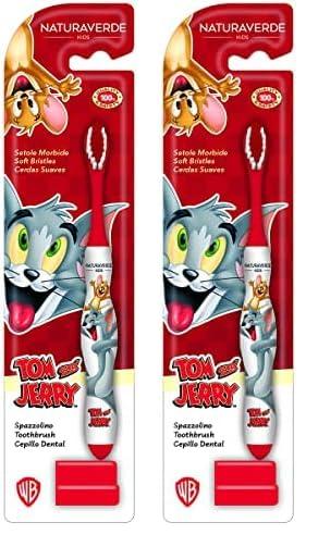 Naturaverde | Kids - Warner Bros Tom & Jerry - Spazzolino con Setole Morbide per Bambini, Spazzolino da Denti Divertente per Bimbi, Spazzolino Tom e Jerry (Confezione da 2)