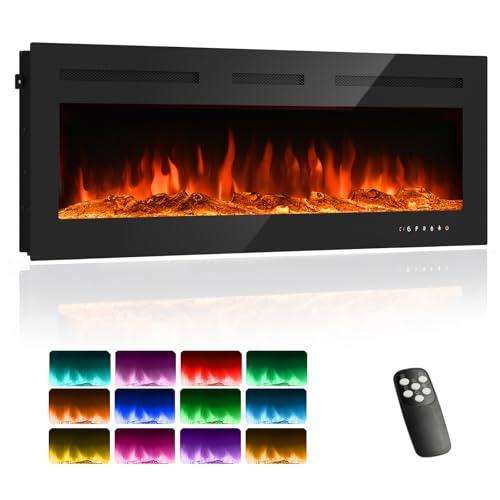 Camino elettrico 3 in 1 da parete o da incasso con effetto fiamma 3D e 12 colori fiamma, camino 900 W/1800 W con telecomando, timer e termostato, nero (50 inch)