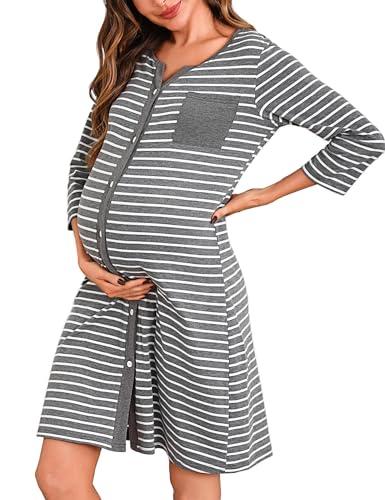 Marvmys Camicia da Notte Donna Premaman Cotone Pigiama Allattamento Manica 3/4 a Righe Camicie Notti Parto Ospedale con Bottoni