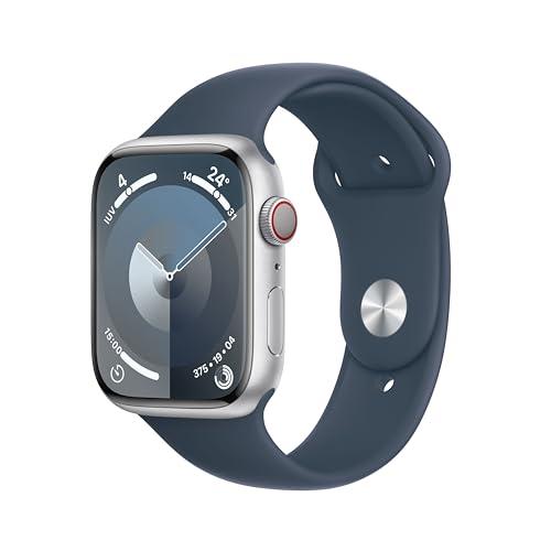 Apple Watch Series 9 GPS + Cellular 45mm Smartwatch con cassa in alluminio color argento e Cinturino Sport blu tempesta - M/L. Fitness tracker, app Livelli O₂, display Retina always-on