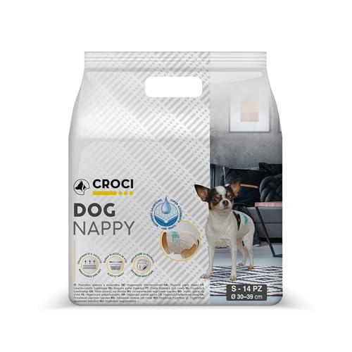 Croci Dog Nappy - Mutanda Assorbente per cani femmine, taglia S - Ø 30-39 cm, Pannolino igienico ciclo e pipi cane, Antiodore, Usa e getta, Chiusura adesiva regolabile, 14 pz