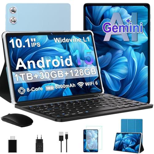 fezawio Tablet Android 15 Gemini AI 10,1 pollici, 30 GB RAM + 128 GB ROM, processore Octa-Core, 8000 mAh, Wi-FI 6, Widevine L1, jack audio 3,5 mm, GPS, con tastiera, mouse e custodia di protezione