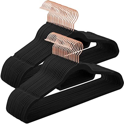 SONGMICS Grucce Appendiabiti in Velluto, 50 Pezzi, Salvaspazio e Antiscivolo, Gancio Girevole a 360°, Spesso 0,6 cm, Largo 43,5 cm, Cappotti Pantaloni, Nero Inchiostro e Oro Rosa CRF21BK50