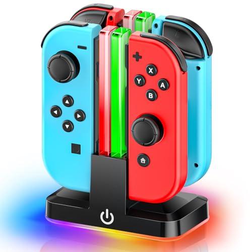 Stazione di ricarica per Nintendo Switch, Caricatore di Joycon per Switch/OLED, Caricatore per 4 Controller di Nintendo Switch, Base Ricarica per Joycon Switch con Luce RGB e Controller di Ricarica