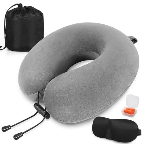 Cuscino da viaggio, Cuscino collo in memory foam, Cuscino di supporto, Cuscino Cervicale da Viaggio per Auto, Viaggio con Maschera per gli Occhi e Tappi per le Orecchie, Borsa da Viaggio (Grau)