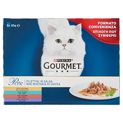 Purina Gourmet Perle Filettini In Salsa Umido Gatti con Tacchino, Tonno, Anatra e Agnello, 8 buste da 85g