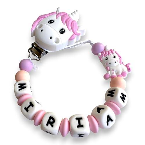 LulluLab Catenella Portaciuccio Con Nome, Personalizzato i ogni sua parte, tante Clip Portaciuccio da poter scegliere, ottima idea regalo per Baby Shower. (Unicorno)