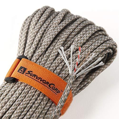 SurvivorCord - Corda da paracadute militare 550 brevettata originale tipo III 550 con lenza da pesca integrata, filo multiuso e acciarino impermeabile, 30 m, ACU Grey Paracord
