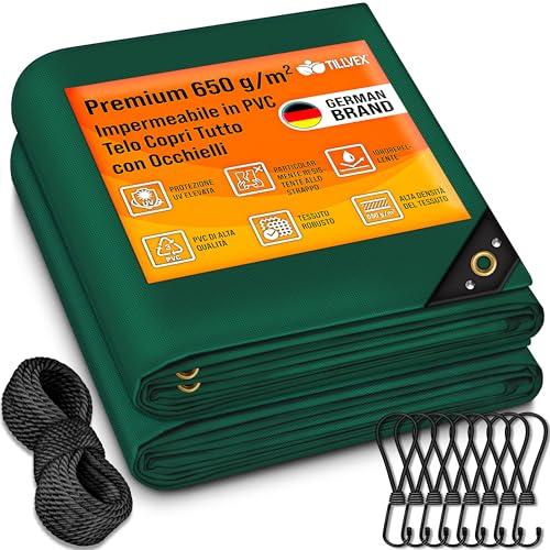 tillvex®, Telone di copertura con occhielli + 10 elastici e corda da 15 m, telo 650 g/m², impermeabile e antistrappo, telo in PVC di alta qualità, universale, per camion, piscina, mobili da giardino e