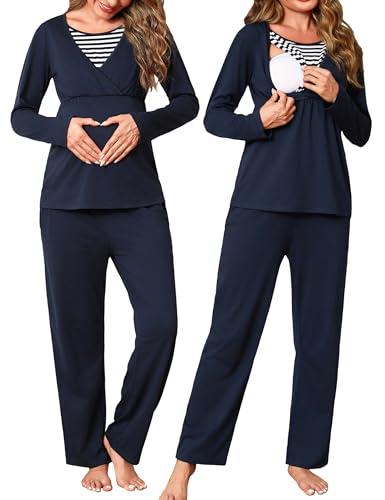 Bresdk Pigiama Donna Premaman Pigiami da Notte in Cotone Manica Lunga Elastico Due Pezzi Abbigliamento da Notte Morbido Blu Marine M