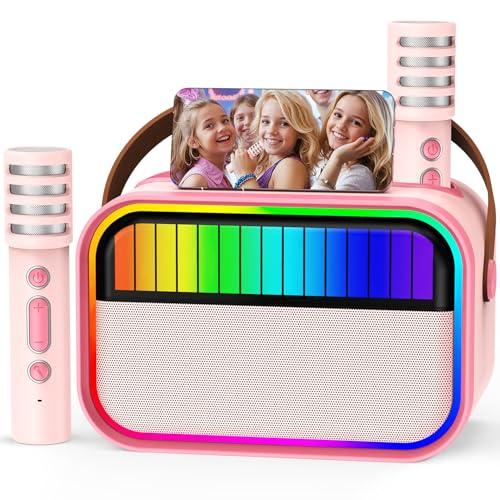 Macchina Karaoke per Bambini e Adulti, Giocattoli per Bambini dai 3 ai 12 Anni, Regali di Compleanno per Bambine, Altoparlante Karaoke Bluetooth Portatile con 2 Microfoni, Regali per Bambine (Rosa)