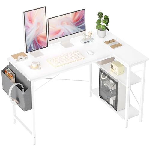BEXEVUE - Scrivania a forma di L, 120 x 70 cm, tavolo da gioco con ripiani, tavolo angolare reversibile per computer, tavolo da gioco per studio, lavoro, casa, camera da letto, bianco