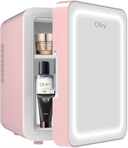 Olvy Frigorifero Cosmetico 4 Litri, Mini Frigo Portatile con Specchio LED, Piccolo Frigo per Cura della Pelle, Raffreddamento e Riscaldamento per Camera, Rosa