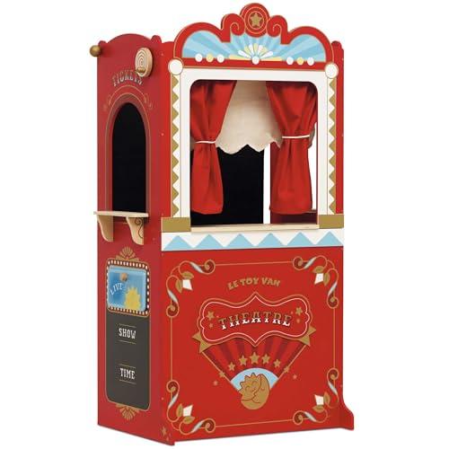 Le Toy Van - TV333 - Gioco educativo 3 Anni teatro delle Marionette e dei burattini Grande in Legno, Alto 122 cm, Giocattolo Montessori, con insegna Reversibile, 2 lavagne, sipario con Tende Vere