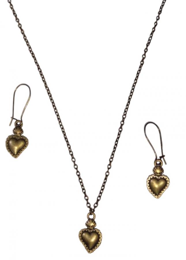 Set Parure Cuore Sacro Bronzo Orecchini e Collana con Ciondolo, Idea Originale per Regalo, Fatto a Mano, Gioielli Donna Piccoli Bronzo