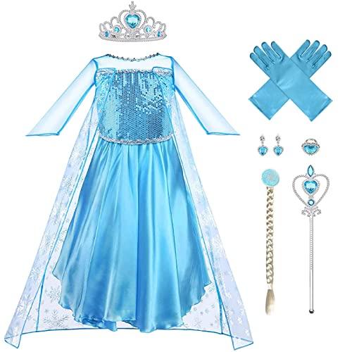 Vicloon Elsa Costume Ragazze Principessa, 5 PCs Principessa Elsa Costume, Vestito da Festa di Compleanno, Elsa Vestito Set da Principessa Corona e Bacchetta, Cosplay Party Halloween-130