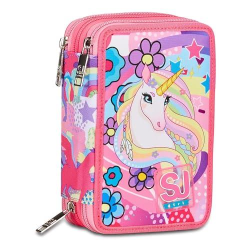 SJ Gang Astuccio Scuola 3 Zip, Rosa, UniBraid, Unicorno Portapenne Triplo Scomparto Completo Di Penne, Matite, Colori, Accessori Zaino, Elementari, Medie, Bambina