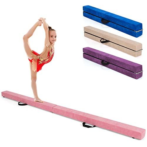 COSTWAY Trave da Ginnastica 210 cm Pieghevole per Bambini, Trave di Equilibrio Portatile con Maniglie, Base Solida di Legno e Parte Inferiore Antiscivolo (Rosa)