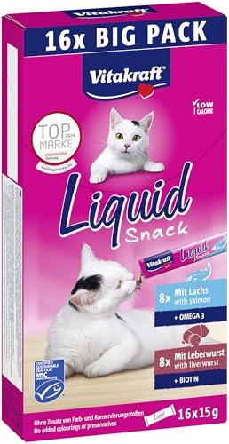 Vitakraft Liquid Snack, golosità per gatto, snack gatto cremoso, con patè di fegato e biotina, con salmone e omega 3, in bustine singole, 1 confezione scorta (16 x 15g)