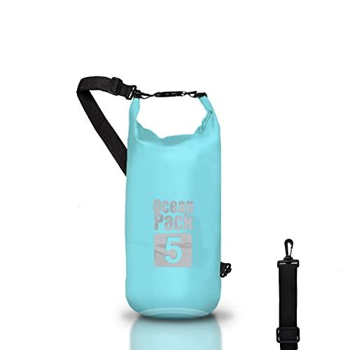 Dry Bag, Borsa Sacca Zaino Impermeabile Waterproof, chiusura a rotolo e tracolla, custodia impermeabile per cellulare e marsupio per Mare Barca Pesca Rafting Spiaggia Sport Acquatici (Light Blue, 5l)