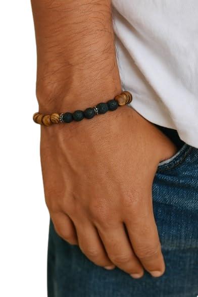 ⊹⊱★✿ BRACCIALE DA UOMO IN RADICE DI PIETRA LAVICA ✿ ★⊰⊹ bracciale elastico realizzato con perle di lava curative e perle di legno con distanziatori in metallo
