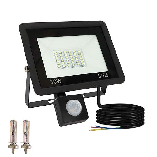 Caldarax Faretto LED da Esterno con Sensore di Movimento 30W, 3000LM 6000K Bianco Freddo Faretti LED con Sensore di Movimento, IP66 Impermeabile Faro LED Esterno per Garage, Giardino