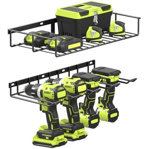 WELDUN Scaffale a 2 livelli per utensili elettrici, supporto a parete per 4 utensili, trapano elettrico, attrezzi senza fili, per garage, officina