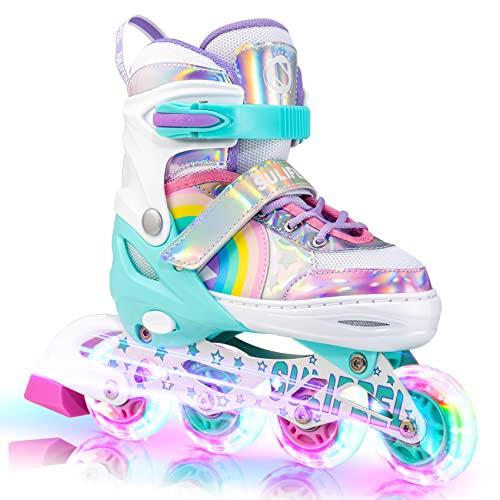 SULIFEEL Pattini in linea luminosi regolabili con unicorno arcobaleno per bambini, ragazze e ragazzi, pattini per principianti con ruote illuminate