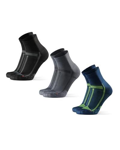 DANISH ENDURANCE Calzini Running Anti-Vesciche, Calze da Corsa Antiscivolo per Sport, Ciclismo e Palestra, Uomo e Donna, 3 Paia, Multicolore (1 x Nero/Grigio, 1 x Grigio/Nero, 1 x Blu/Giallo), 39-42