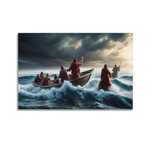 HNPBB Poster religioso con stampa artistica su tela, motivo: Gesù calma una tempesta, poster decorativo moderno, per camera da letto, 60 x 90 cm