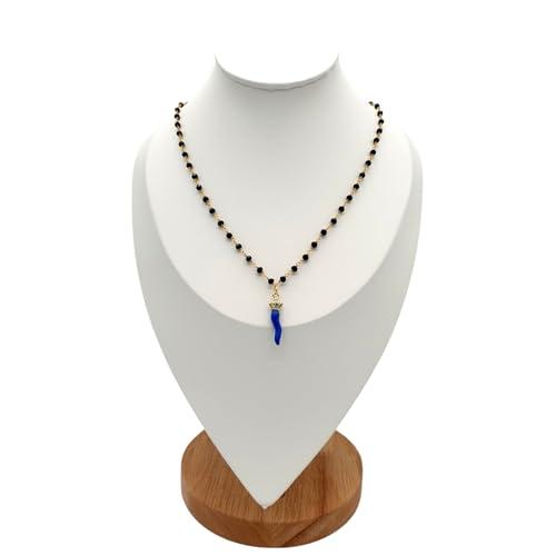 Collana con cristalli neri e ciondolo cornetto blu con corona oro. Lunghezza 45 cm. Realizzata a mano. Idee regalo.