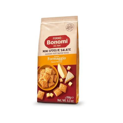 Forno Bonomi, Mini Sfoglie al gusto formaggio. Snack pronti da gustare per una pausa o per un aperitivo sfizioso con gli amici. Confezione da 150 grammi.