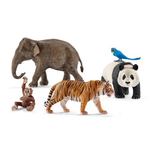Schleich Wild Life - 5 PC Jungle Animals Figurines Toy Set with Elephant, Panda, Tiger, Parrot, And Baby Monkey Toys for Boys And Girls - Realistic Animal Figures Playset for Kids Ages 3+ - 77588