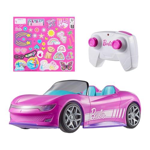 Hot Wheels Barbie - Cabrio RC, auto rosa telecomandata con sticker adesivi inclusi, posti per due bambole e bagagliaio apribile, giocattolo per bambini, 4+ anni, JBH05