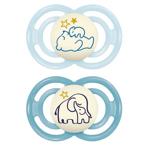 MAM Perfect Night Confezione Doppia Succhietto 16+ Mesi (Set da 2), Ciuccio MAM 16 36 mesi silicone che si illumina al buio, Kit da 2 accessori neonato per lo sviluppo orale con porta ciuccio, Azzurro