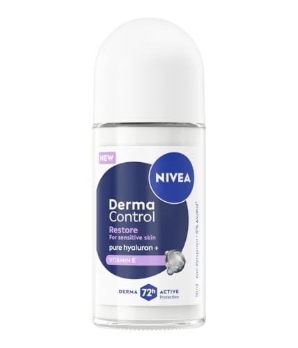 NIVEA Deodorante Roll on Derma Control Restore 50 ml, Deodorante donna antitraspirante per una protezione 72h, Formula senza alcool con Acido Ialuronico e Vitamina E per la cura della pelle sensibile
