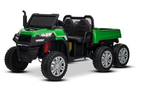 Auto elettrica da fattoria RIDER 6X6 24V con trazione integrale 4x 200W, due posti, verde, batteria al litio, ruote EVA, sedile doppio in ecopelle, assali sospesi, telecomando 2.4 GHz, Bluetooth