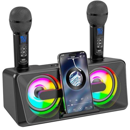 Casse Karaoke Portatile, adulti e bambini con 2 microfoni wireless UHF, altoparlanti Bluetooth portatili con sistema PA con luci da discoteca, Ideale per Karaoke Domes (Nero)