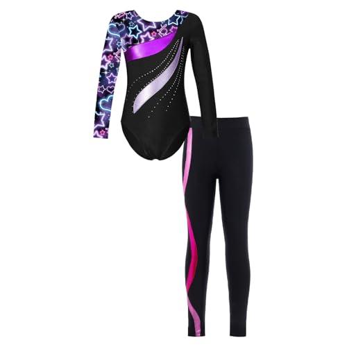 Freebily Body da Ginnastica Artistica Bambina con Leggings Sportivi Strass Leotard a Maniche Lunghe Abito da Danza Classica Moderna Jazz Tuta da Balletto Ballo Latino Nero&Rosa scuro 7-8 anni