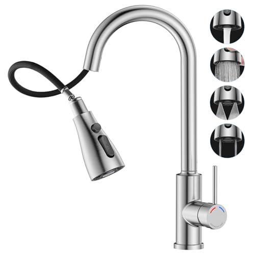 SREWOHS PRO Rubinetto Lavello Cucina,Miscelatore Cucina con Doccetta Estraibile, 4 Modalità Acqua, Bocchello girevole a 360°, Arco alto, Acciaio Inox per Lavello da Cucina a 1 foro