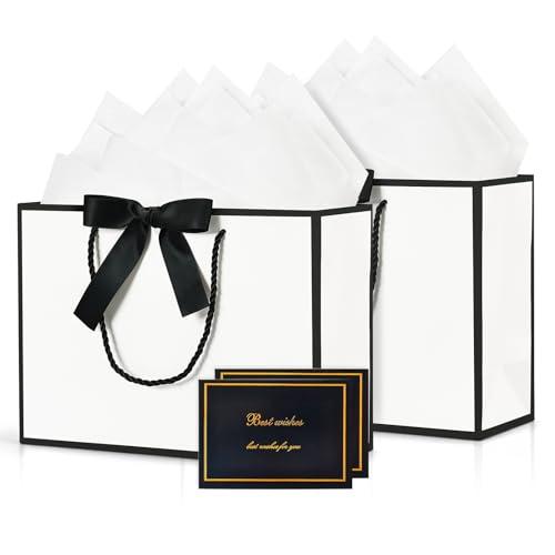 BBILKE Sacchetti Regalo Medie - 2 Sacchettini Borsa Regali Compleanno in Carta con 2 Carte, Buste Regalo Grandi Elegante con Manici per Donne Ragazze San Valentino Festa di Nozze Natale (Bianco Nero)