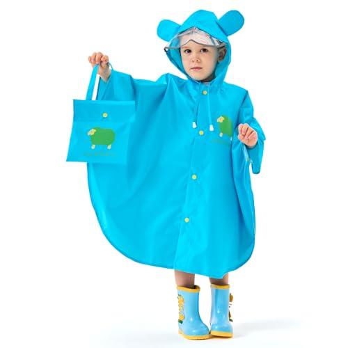JTENG Mantella Antipioggia Bambino, Poncho Impermeabile Mantellina Antipioggia Cappello Allargato Bambino con Strisce Riflettenti, Riutilizzabile Pioggia Bambina (M, Blu)