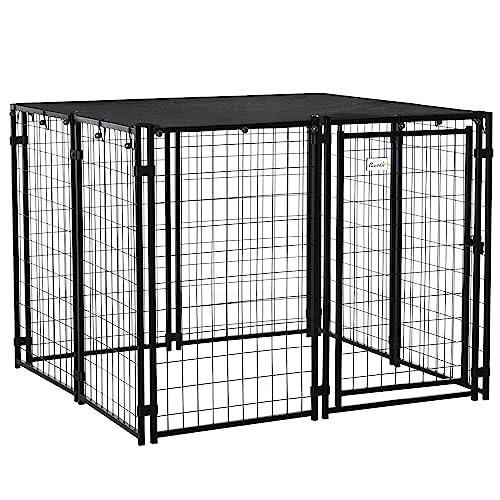 PawHut Recinto per Cani in Acciaio Pieghevole con Copertura, Box per Animali a 8 Pannelli con Porta Bloccabile, 141x141x113cm, Nero