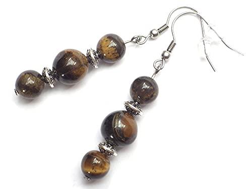 Orecchini pendenti Thurcolas in stile chic e classico in occhio di tigre marrone e acciaio inossidabile